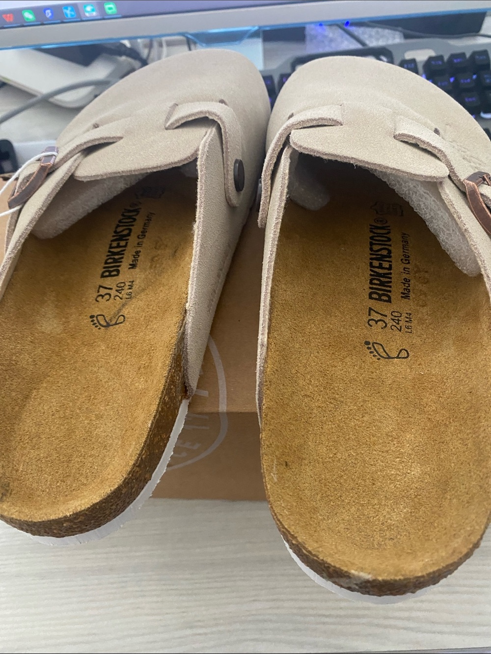 Birkenstock Beige Suede Clogs with Rose Gold Buckles - Picture 4 of 8